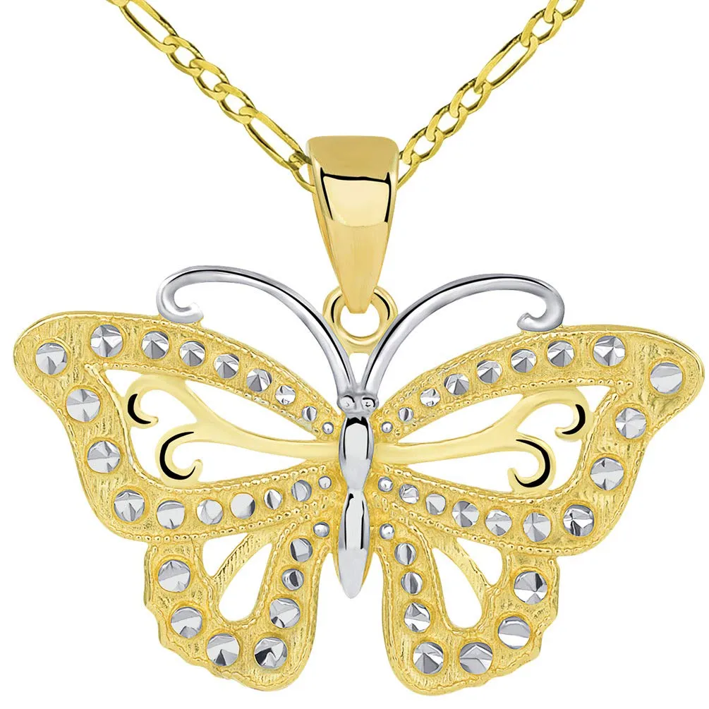 14k Solid Yellow Gold Budded Butterfly Pendant with Cable, Cuban Curb, or Figaro Chain Necklaces