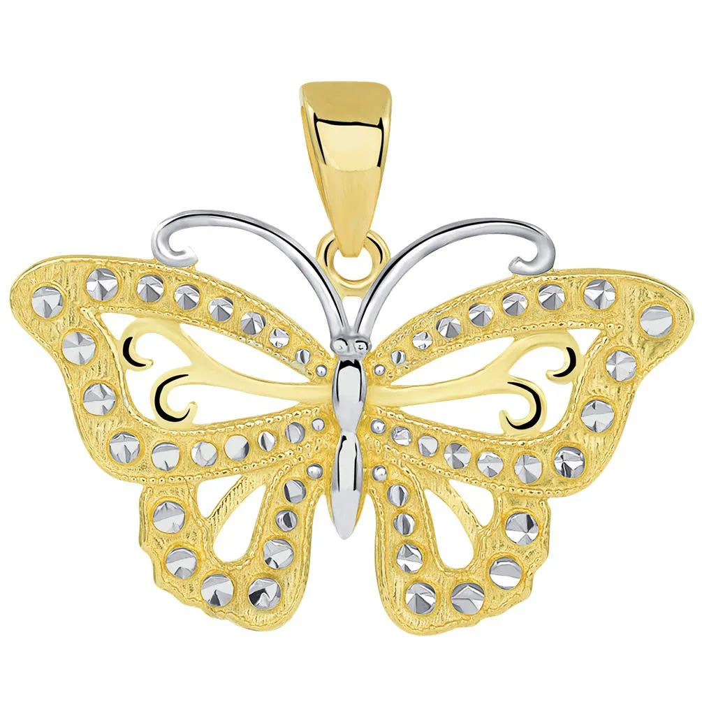 14k Solid Yellow Gold Budded Butterfly Pendant with Cable, Cuban Curb, or Figaro Chain Necklaces