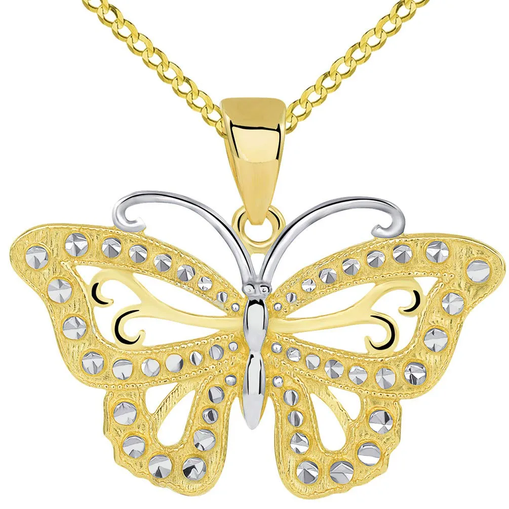 14k Solid Yellow Gold Budded Butterfly Pendant with Cable, Cuban Curb, or Figaro Chain Necklaces