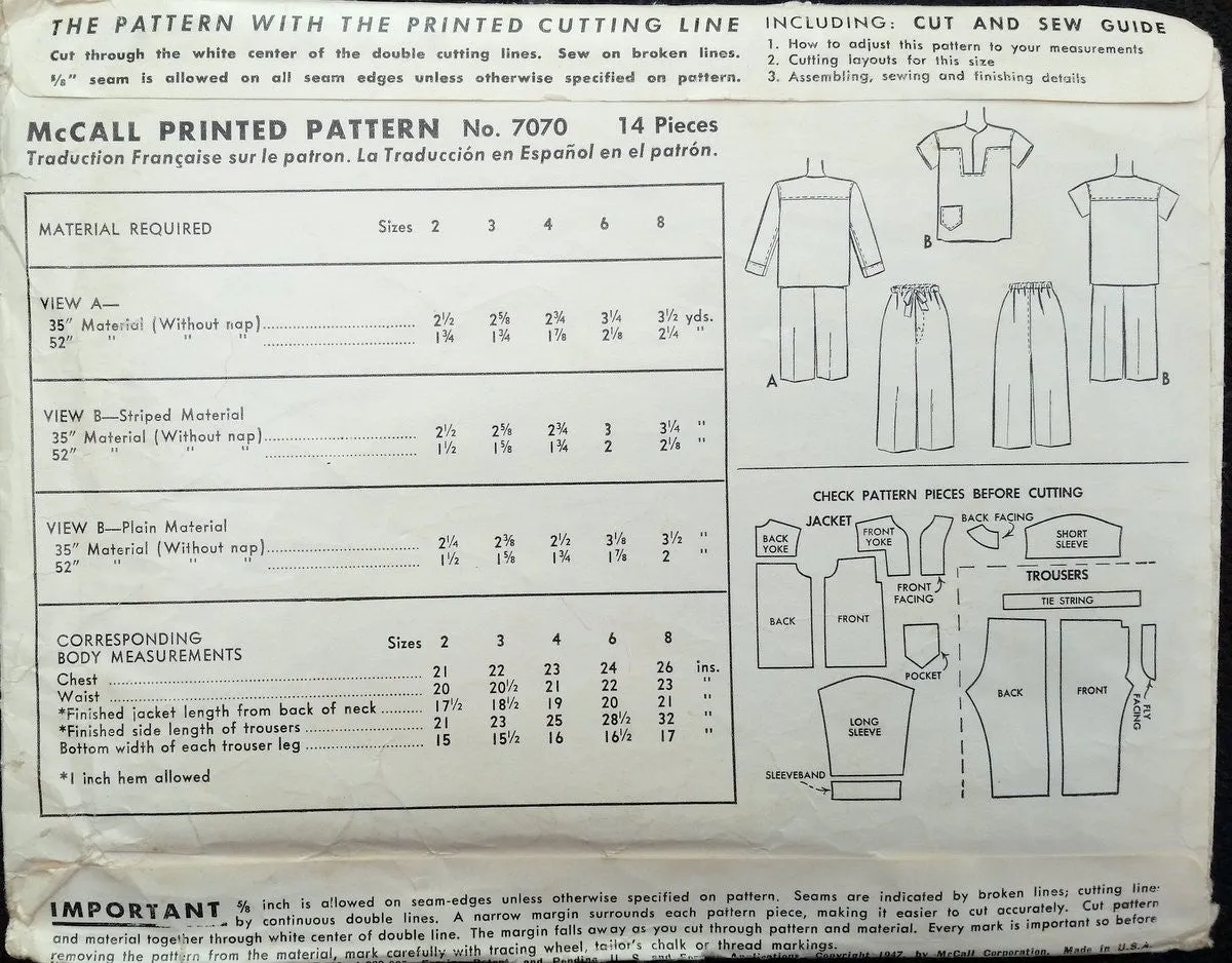 1947 McCall Vintage Sewing Pattern 7070 - Boy Pajama - Size 4