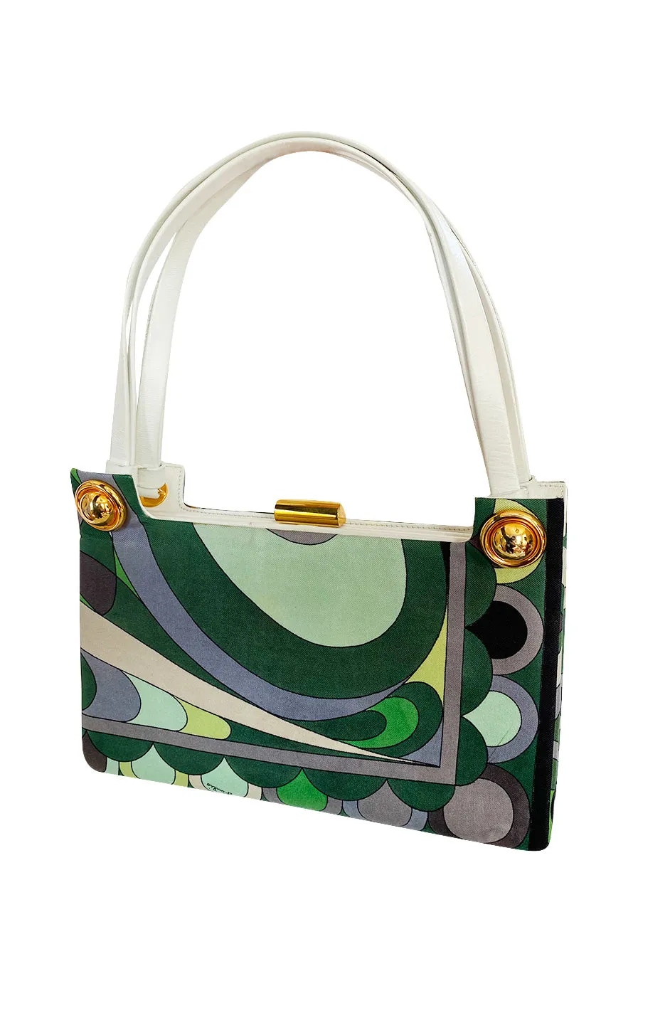 1960s Emilio Pucci Deep Green Silk Bag w White Handles