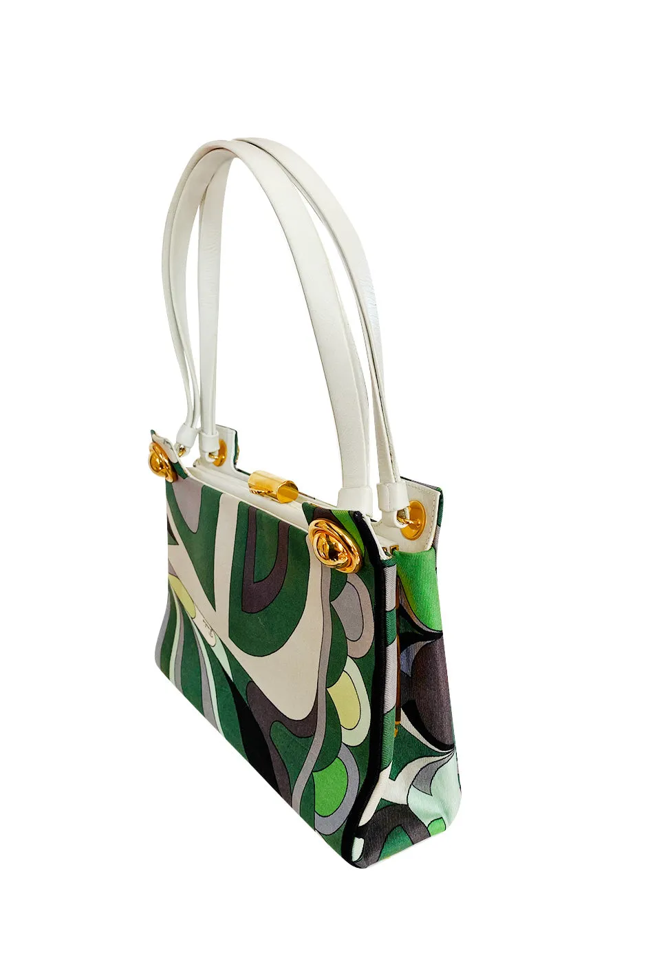 1960s Emilio Pucci Deep Green Silk Bag w White Handles