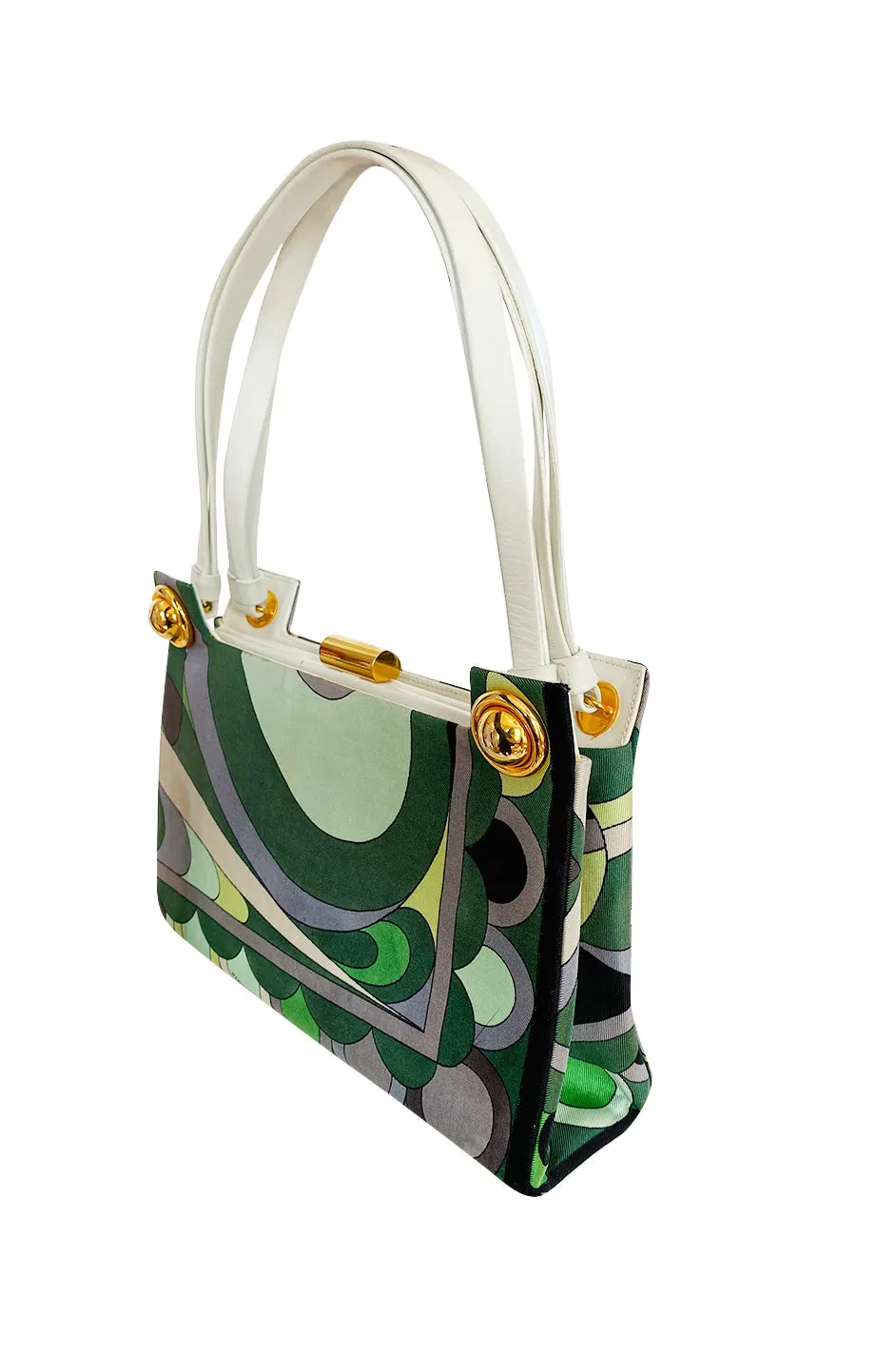 1960s Emilio Pucci Deep Green Silk Bag w White Handles