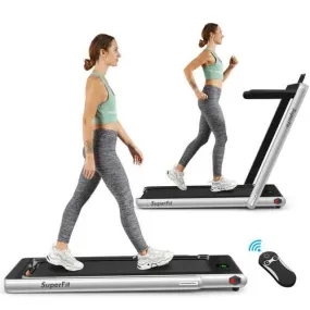 2 in 1 Folding Treadmill with Bluetooth Speaker Remote Control-Silver