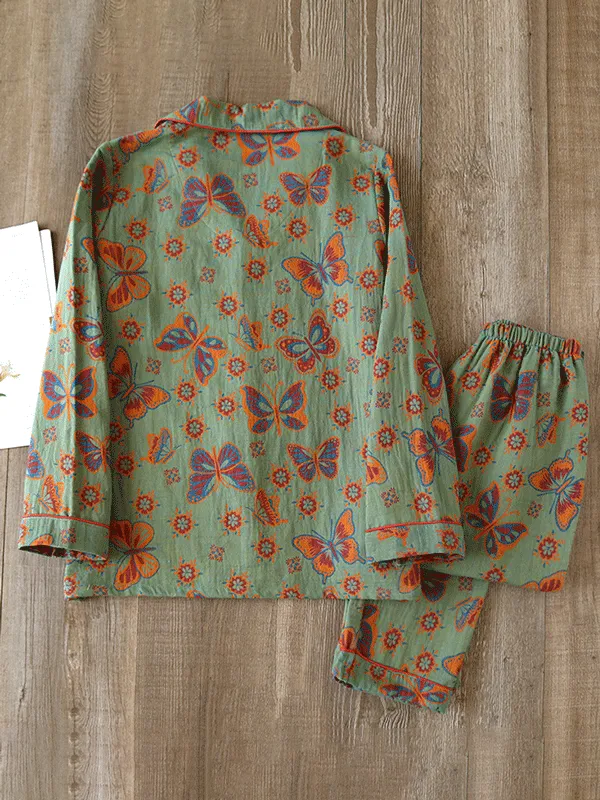 2Pcs Crepe Vintage Butterfly Printed Pajamas