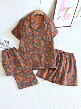 3Pcs Crepe Vintage Floral Pajamas