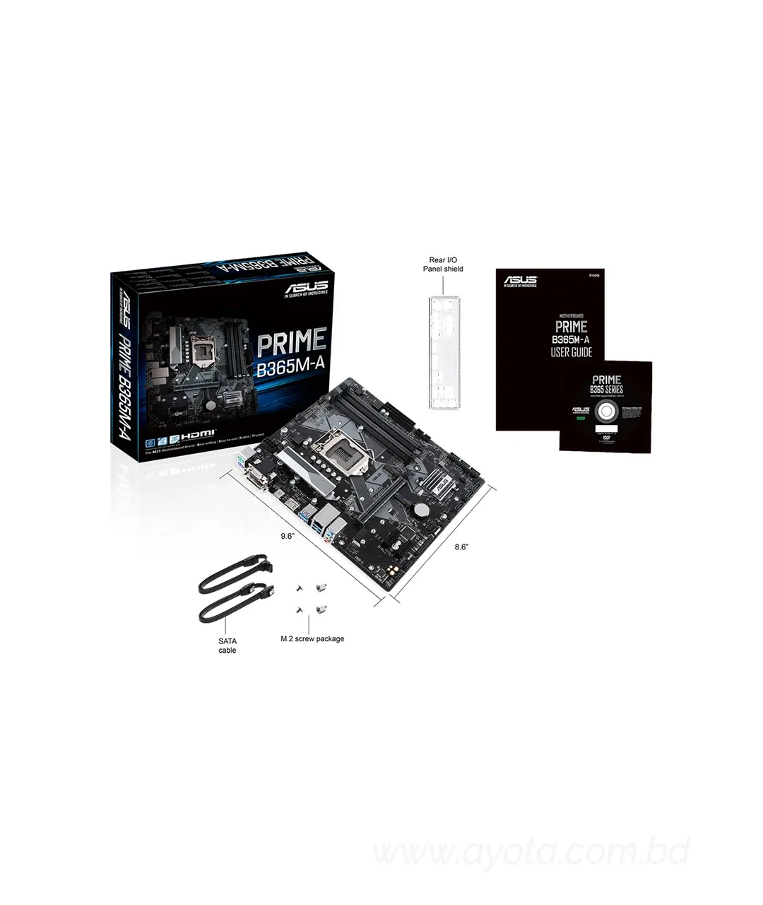 Asus Prime B365M-A DDR4 9th Gen & 8th Gen Motherboard   Intel LGA-1151 mATX motherboard with Aura Sync RGB header, DDR4 2666MHz, M.2 support, HDMI, Intel Optane memory ready, SATA 6Gbps