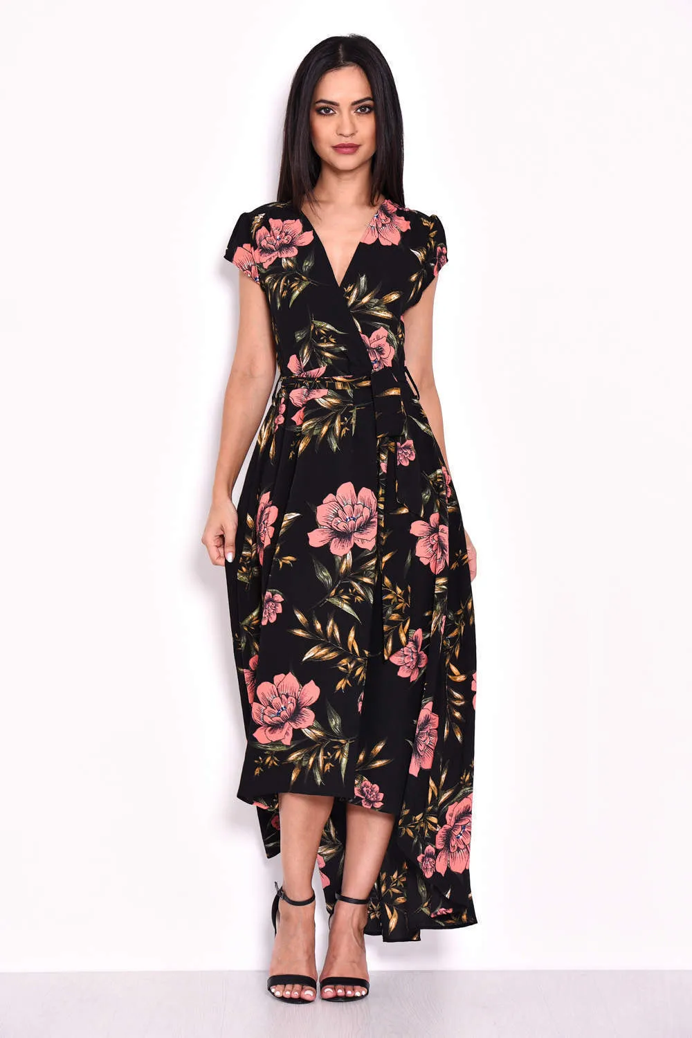 Black Floral Maxi Wrap Dress