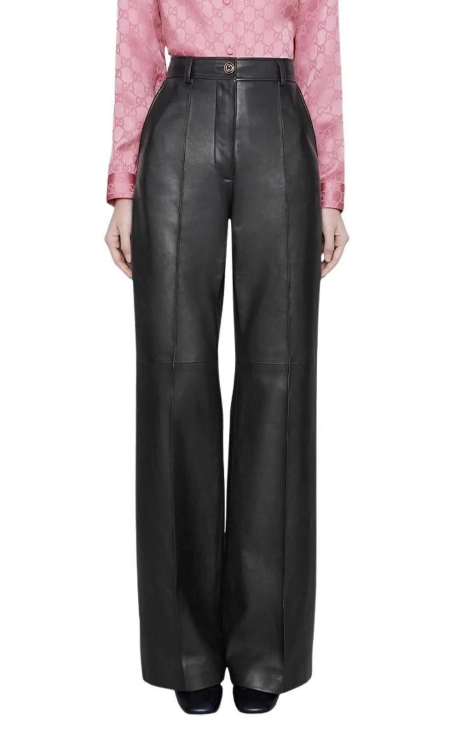 Black Plonge Leather Flare Trousers