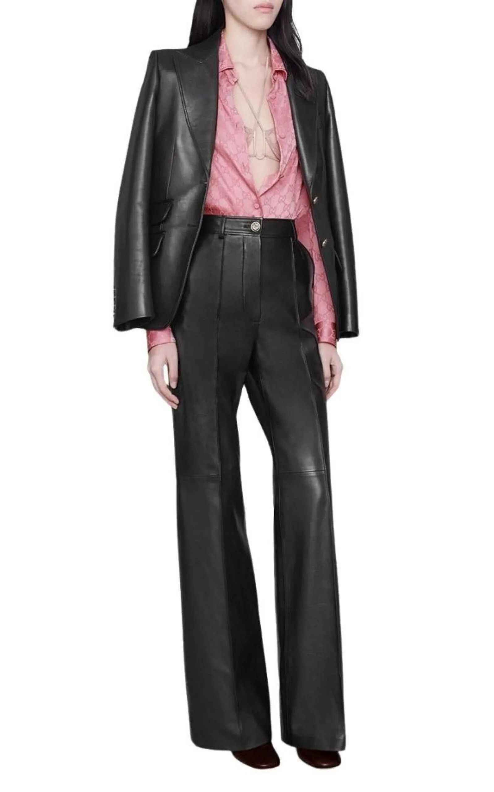 Black Plonge Leather Flare Trousers