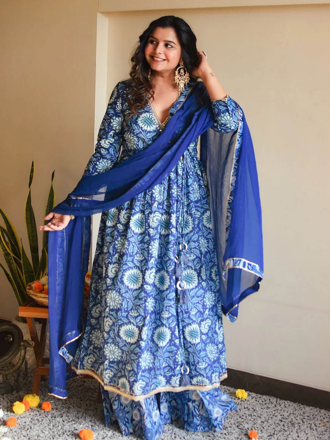 Blue Cotton Floral Block Print Kurta Palazzo Set