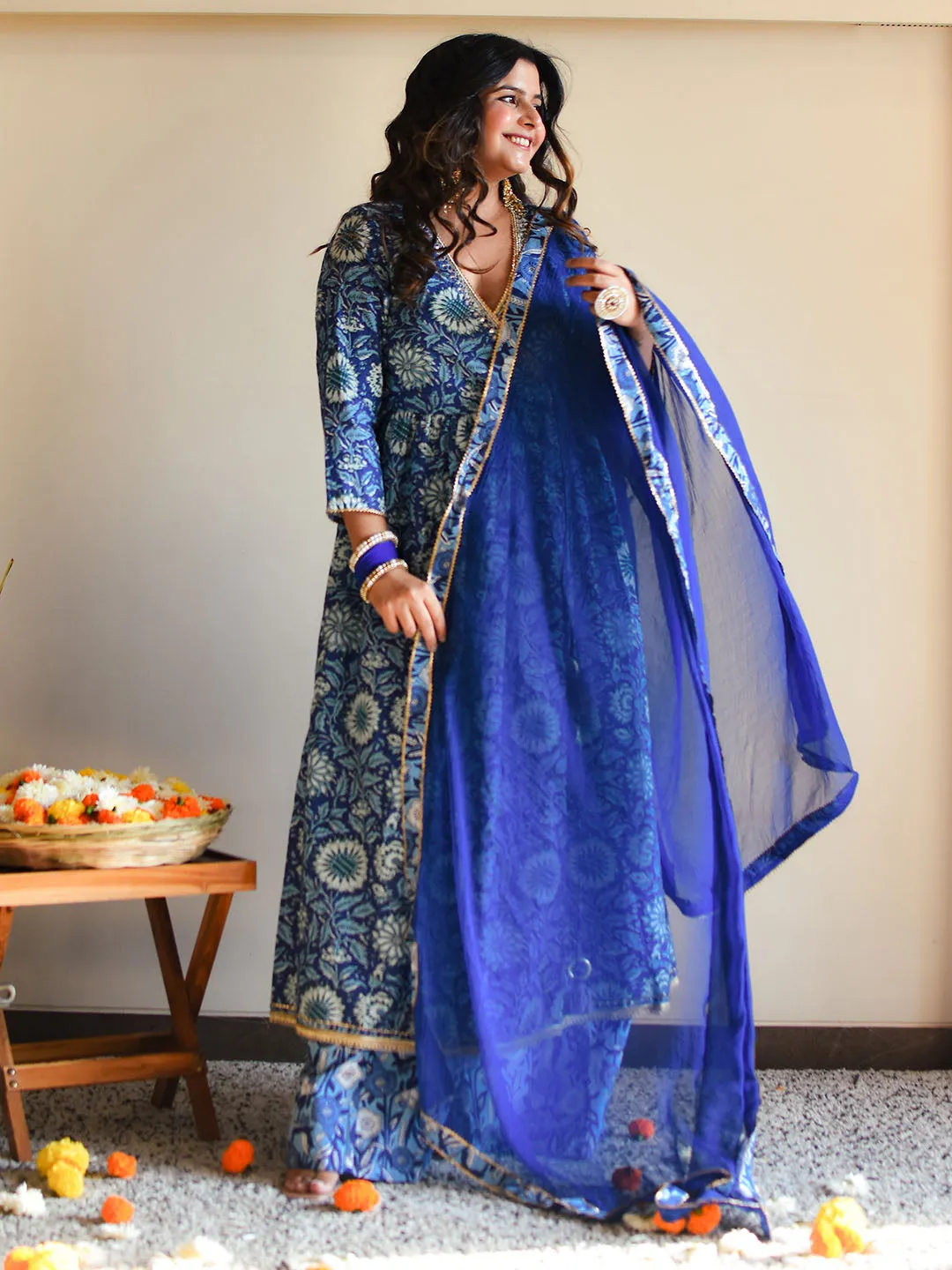 Blue Cotton Floral Block Print Kurta Palazzo Set