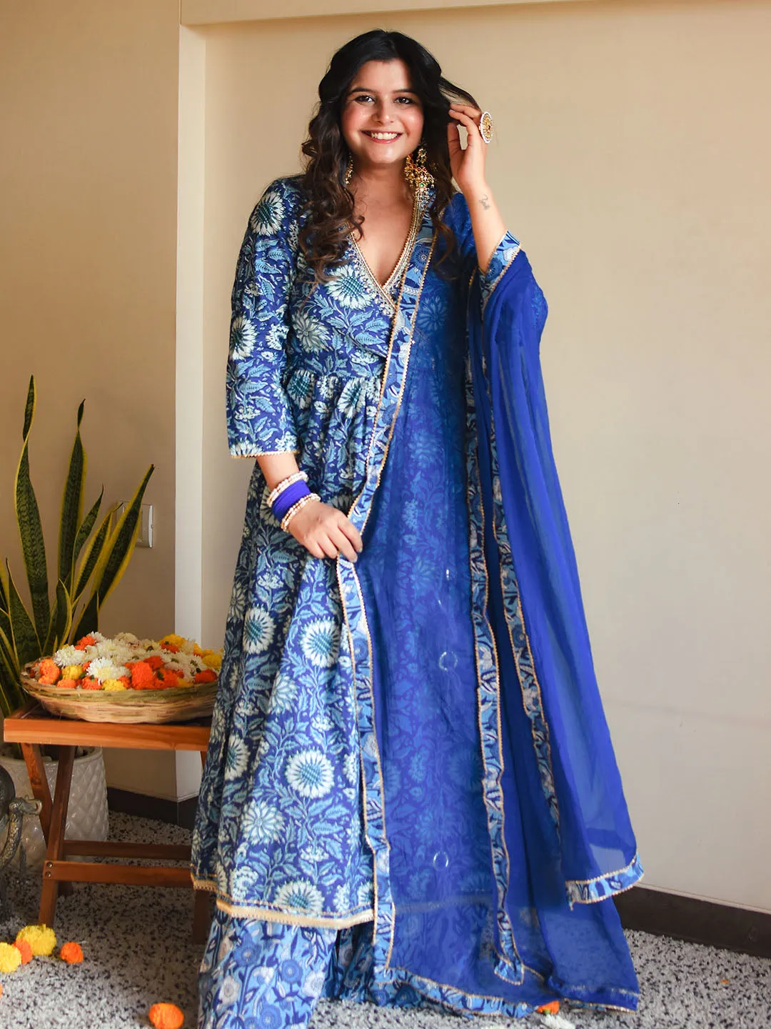 Blue Cotton Floral Block Print Kurta Palazzo Set