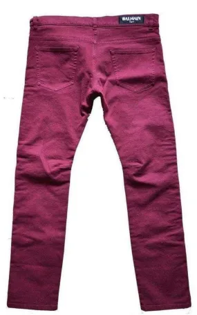 Burgundy Embroidered Trimming Slim Stretch Jeans