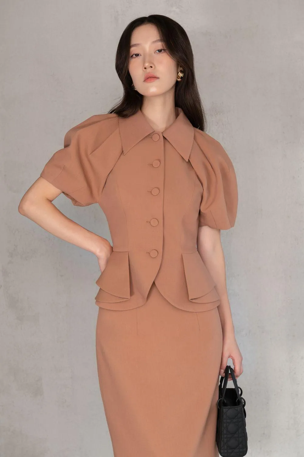 Camilla Peplum Puffy Sleeved Twill Top