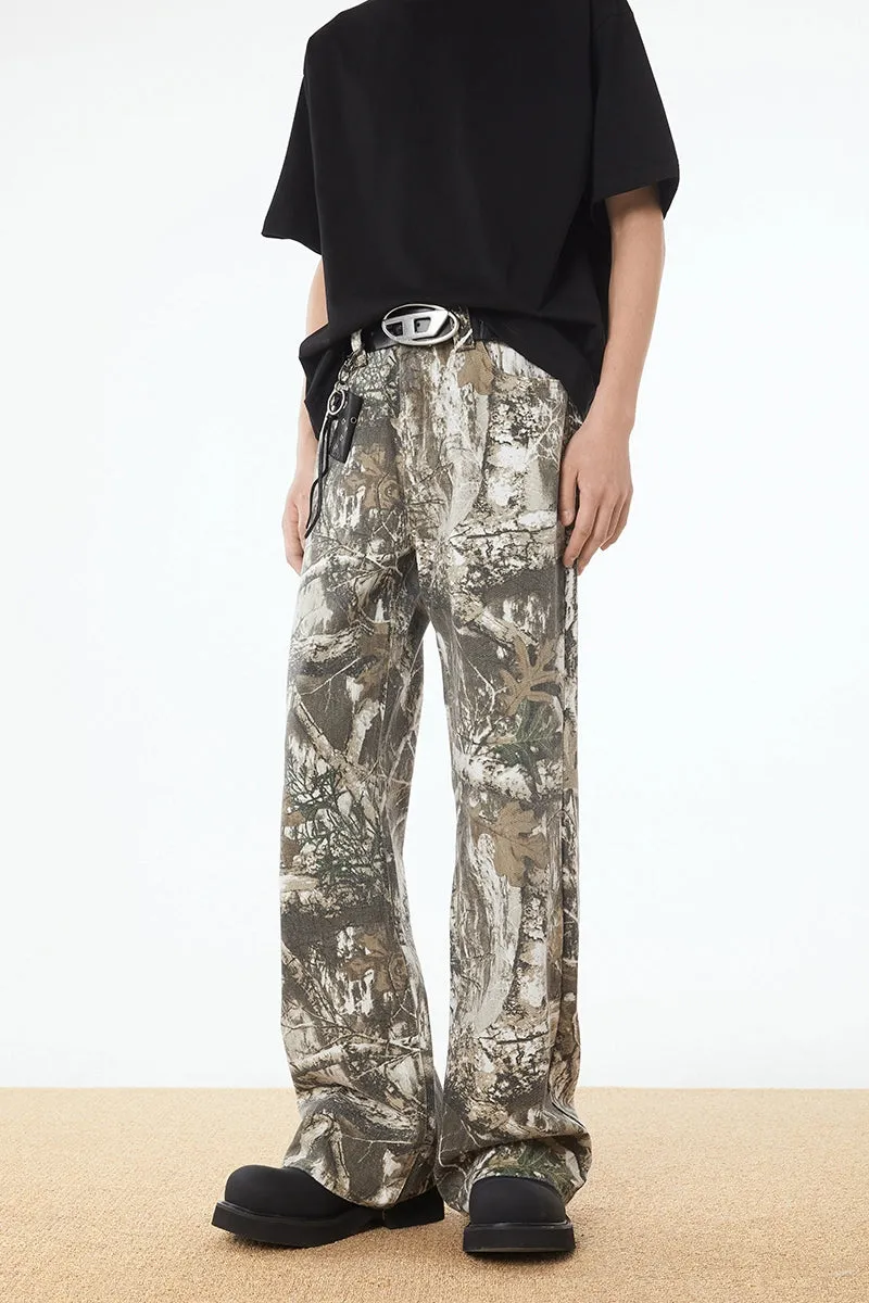 Camo Print Wide-Leg Drawstring Trousers