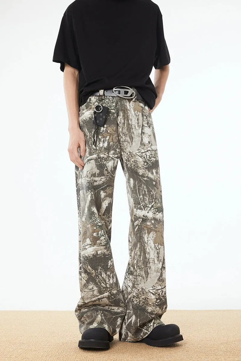 Camo Print Wide-Leg Drawstring Trousers