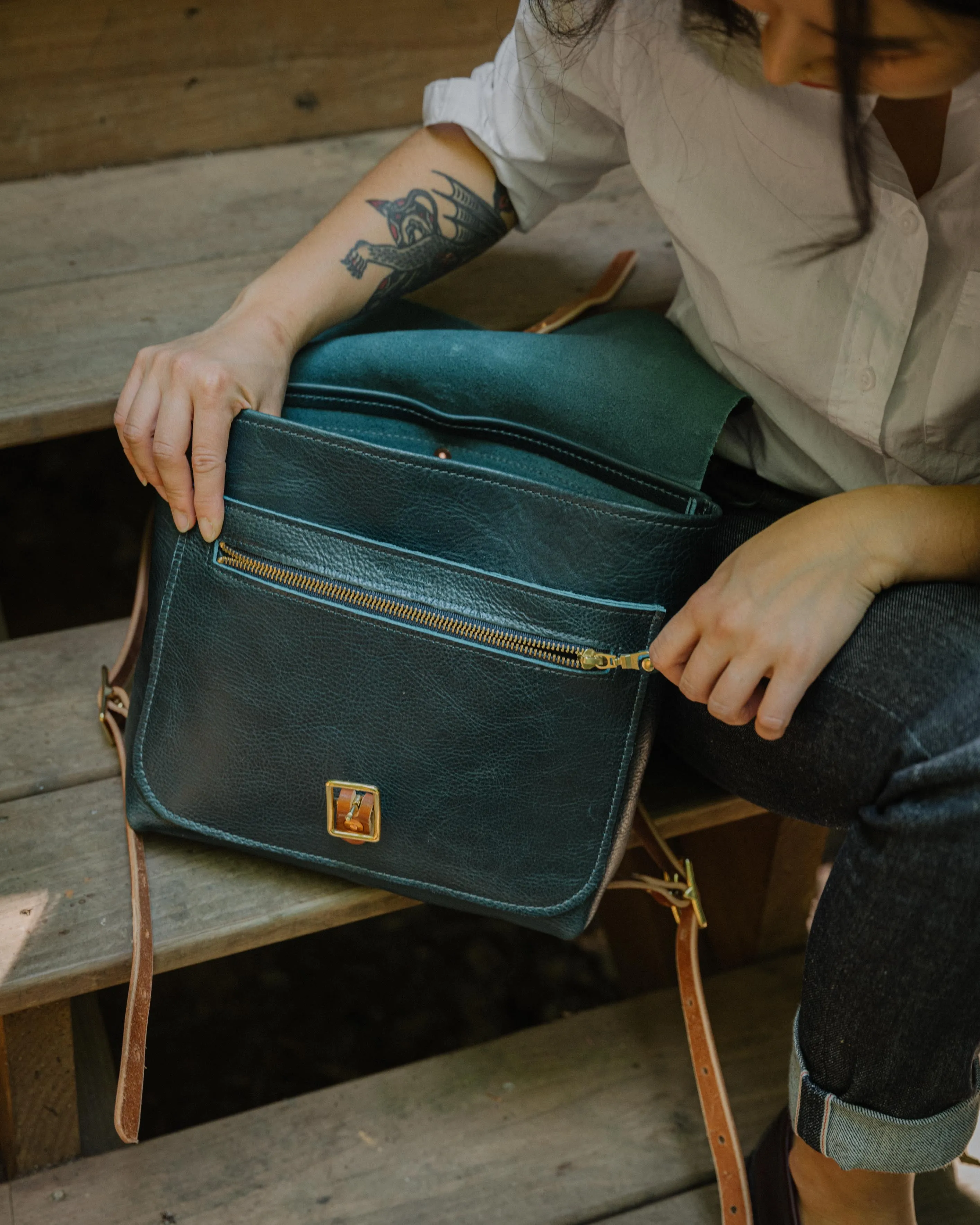 Dark Teal Bulldog Leather Backpack