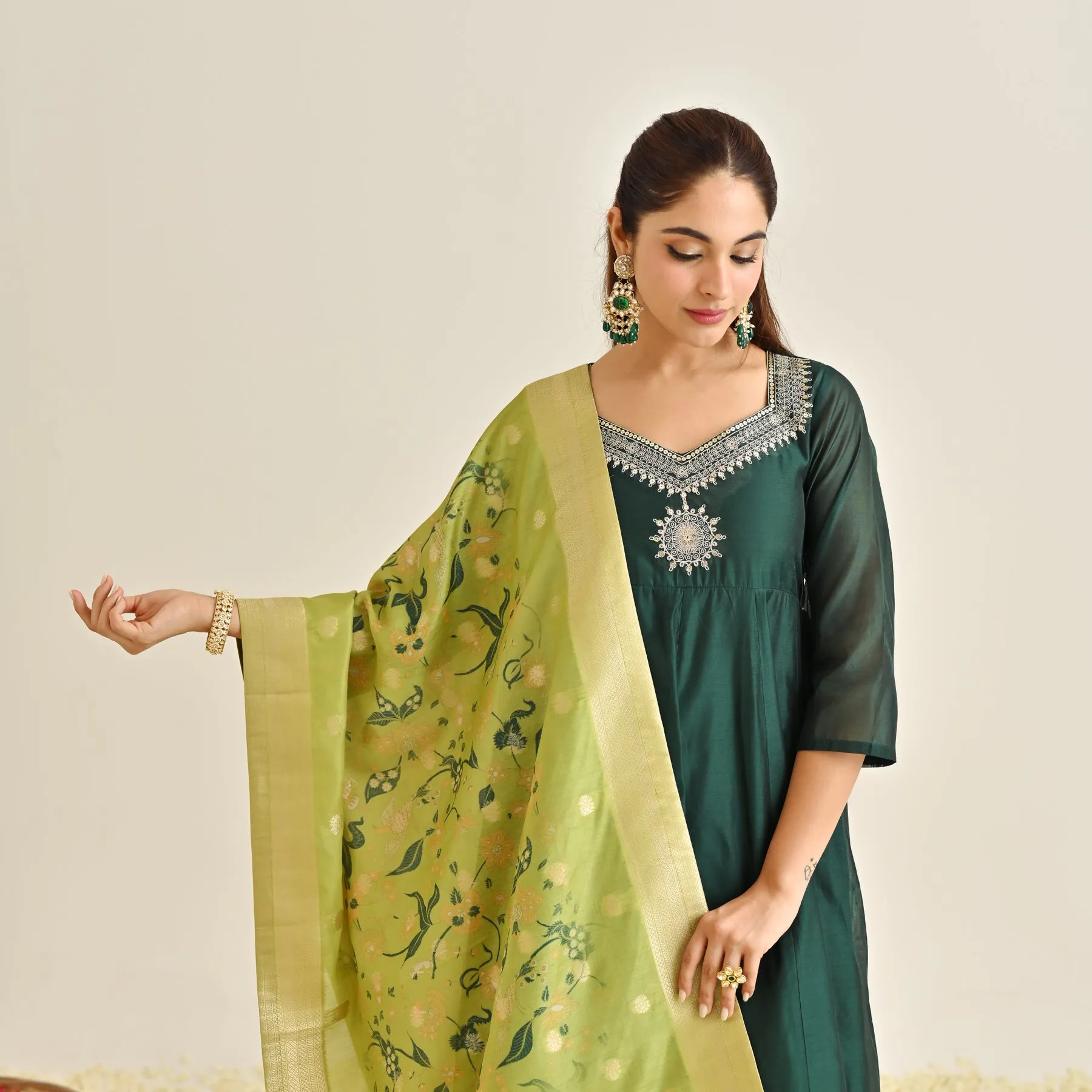 Emerald Green Festive Anarkali Set with Brocade Dupatta