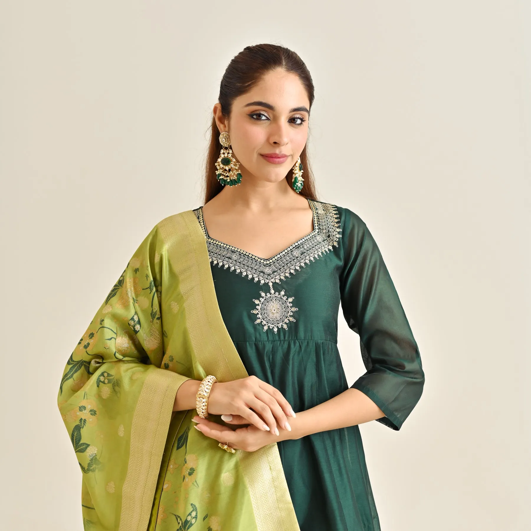 Emerald Green Festive Anarkali Set with Brocade Dupatta