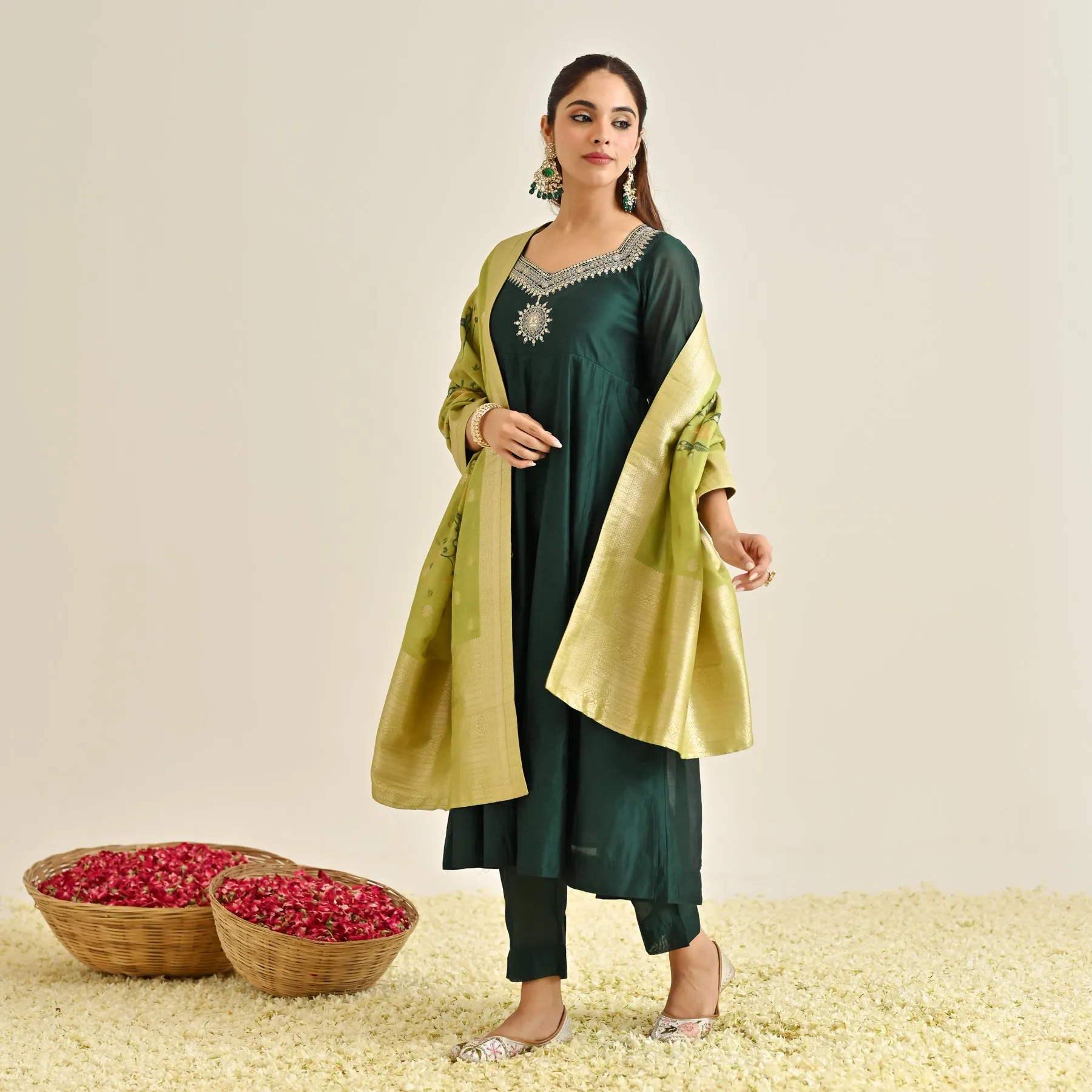 Emerald Green Festive Anarkali Set with Brocade Dupatta