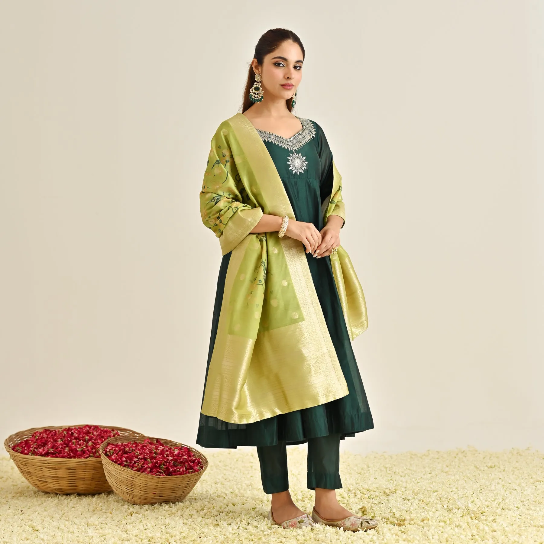 Emerald Green Festive Anarkali Set with Brocade Dupatta