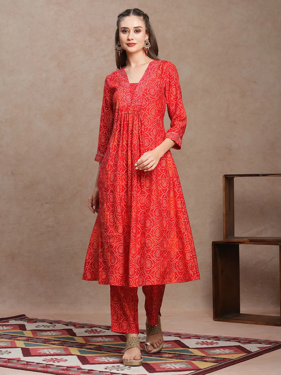 Ethnic Bandhani Foil Printed A-Line Co-ord Set - Red