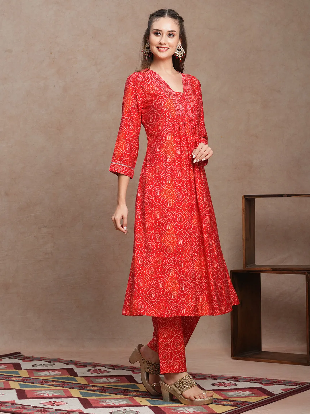 Ethnic Bandhani Foil Printed A-Line Co-ord Set - Red