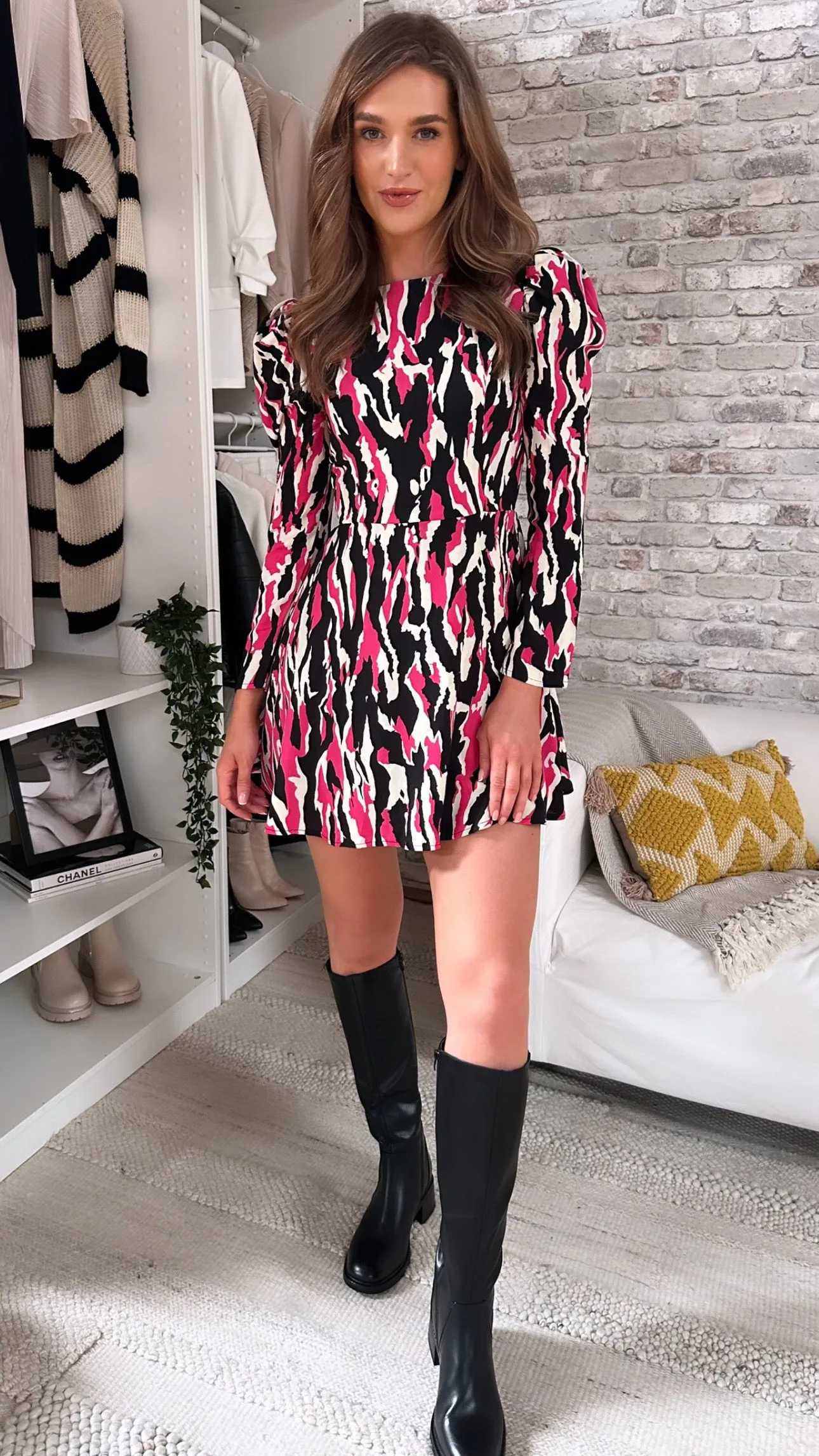 Fenna Pink & Black Puff Sleeve Skater Mini Dress