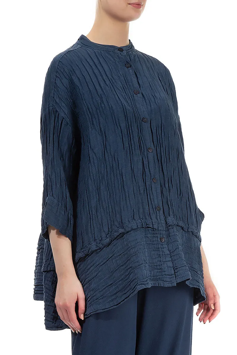 Flared Crinkled Denim Blue Silk Shirt