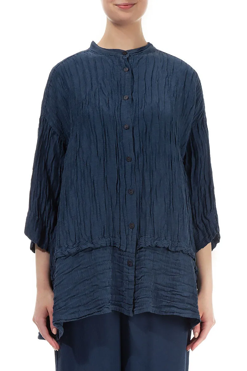 Flared Crinkled Denim Blue Silk Shirt