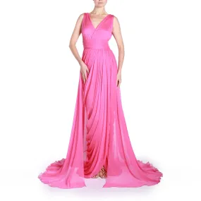 Fuschia V Neckline Sleeveless Gown