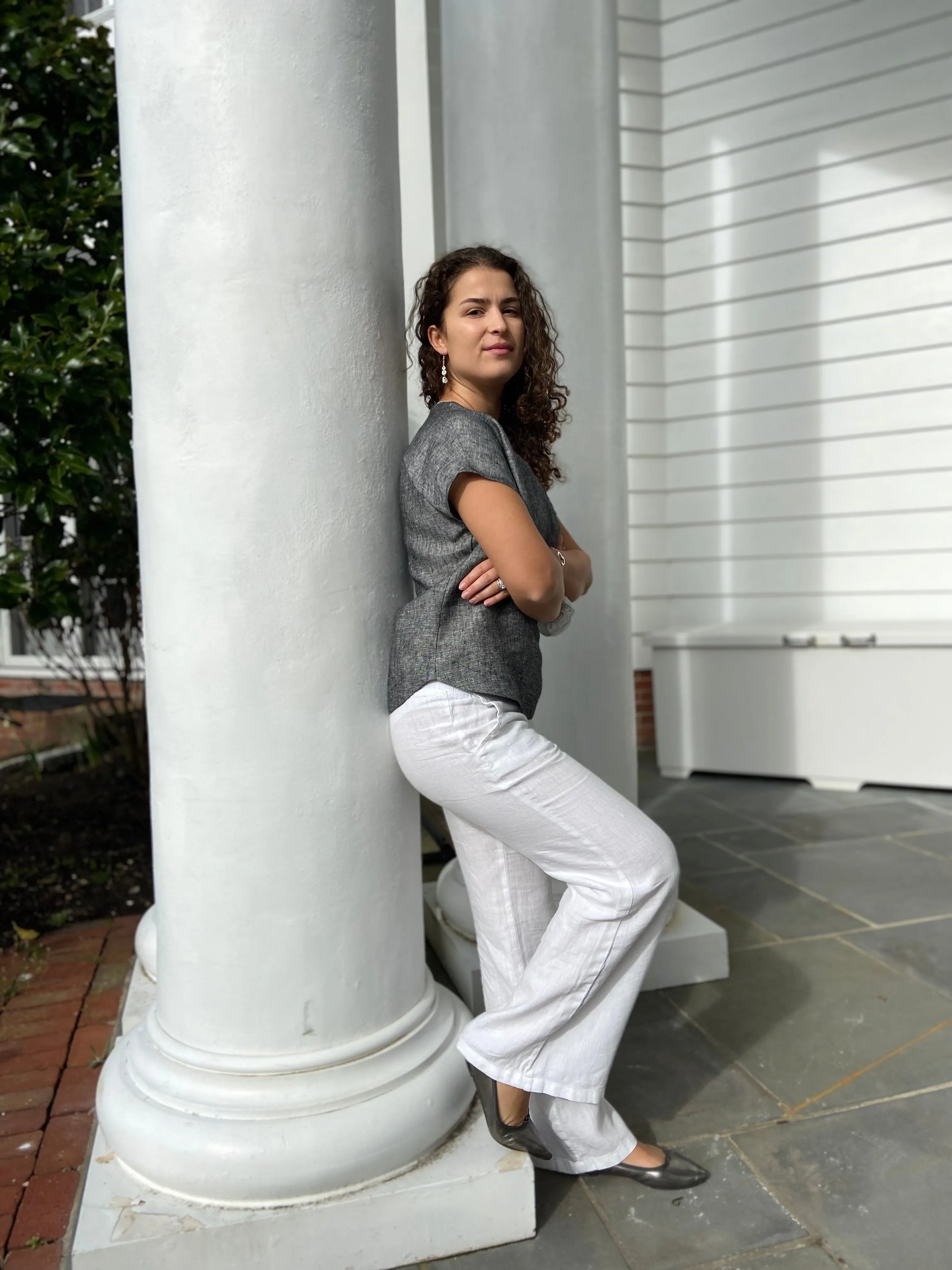 Gray Linen Short Sleeve Classy Shirt Round Neckline