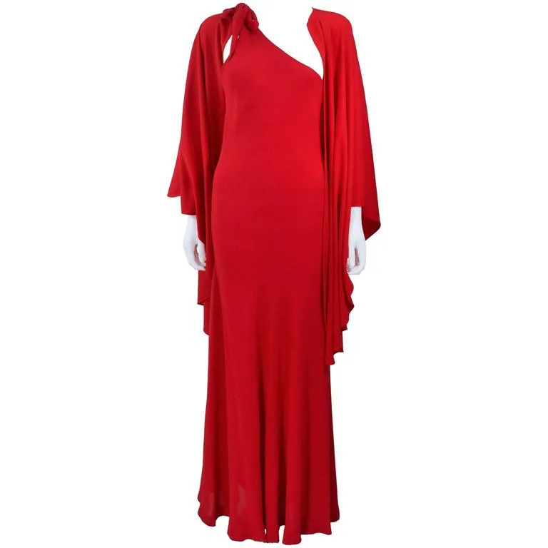 HALSTON Red Chiffon Gown with Jersey Cape Size 6-8