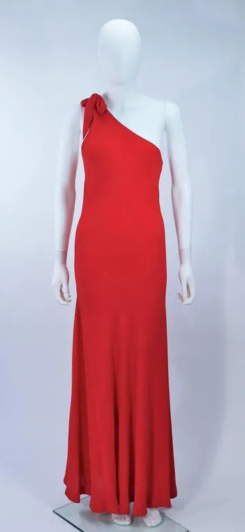 HALSTON Red Chiffon Gown with Jersey Cape Size 6-8