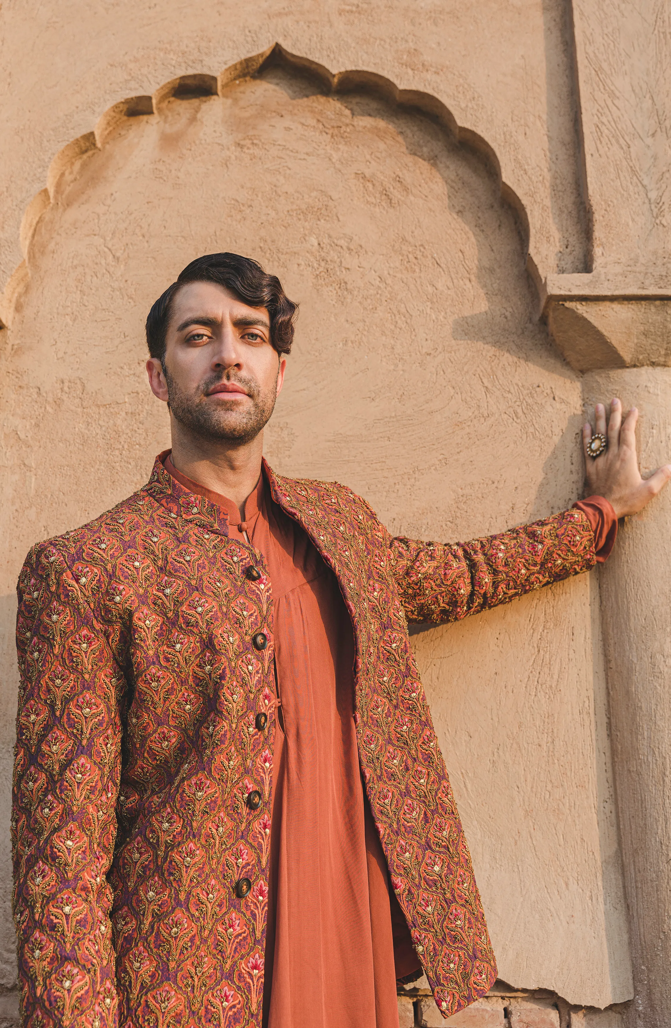 Handcrafted Rust Prince Coat with Rajasthani Kurta and Pajama