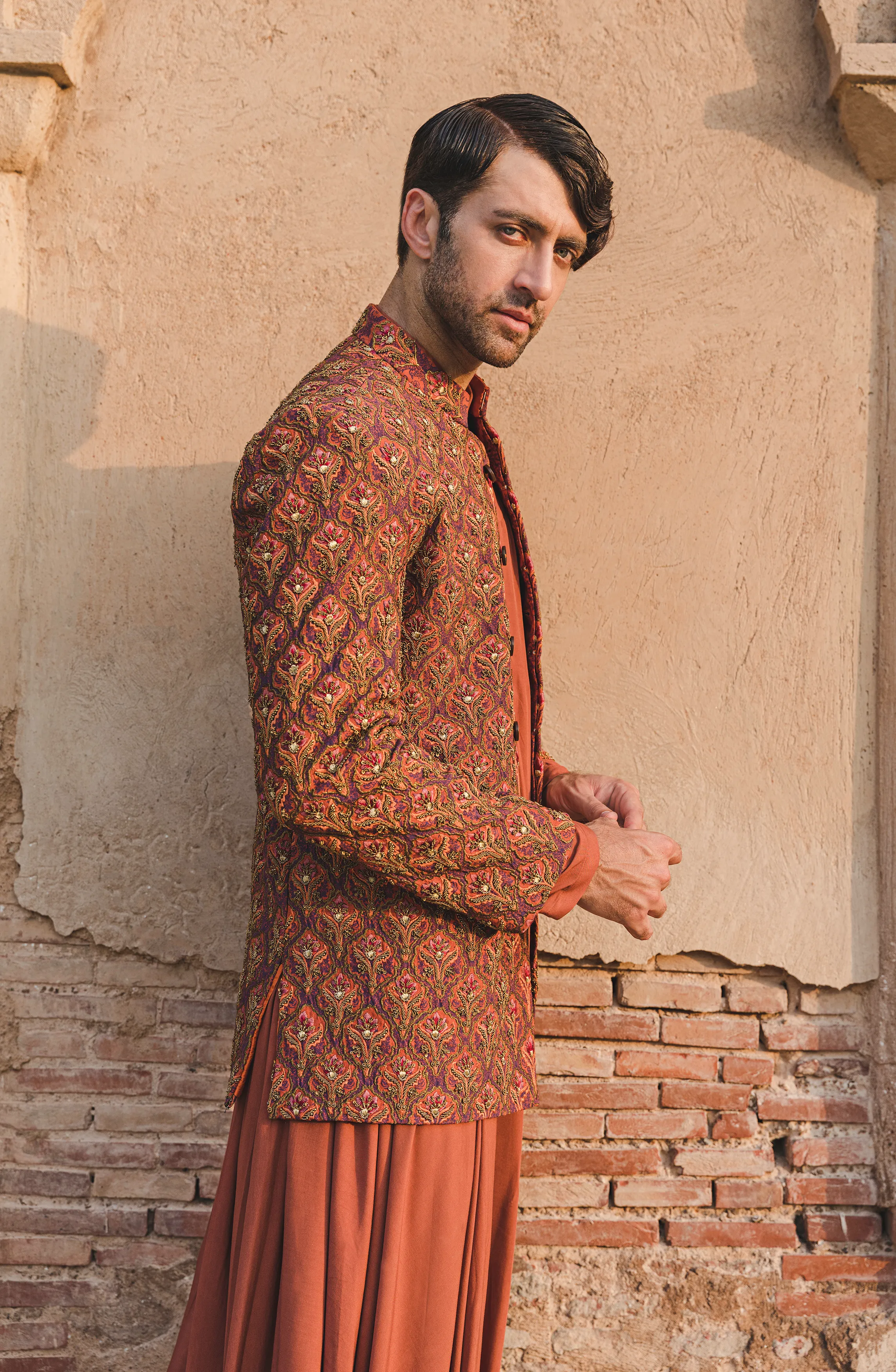 Handcrafted Rust Prince Coat with Rajasthani Kurta and Pajama