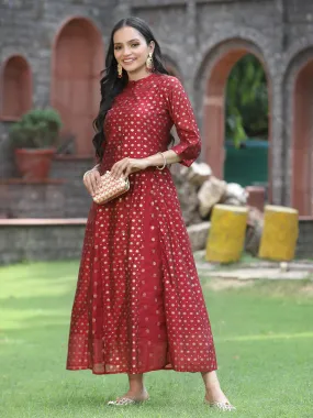 Juniper Women`s Maroon Chanderi Silk Printed Anarkali Kurta