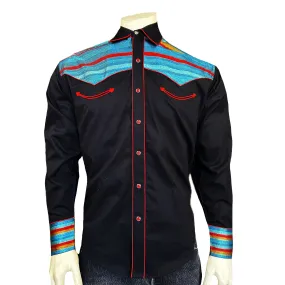 Men's 2-Tone Serape Stripe Embroidery Western Shirt in Black & Turquoise