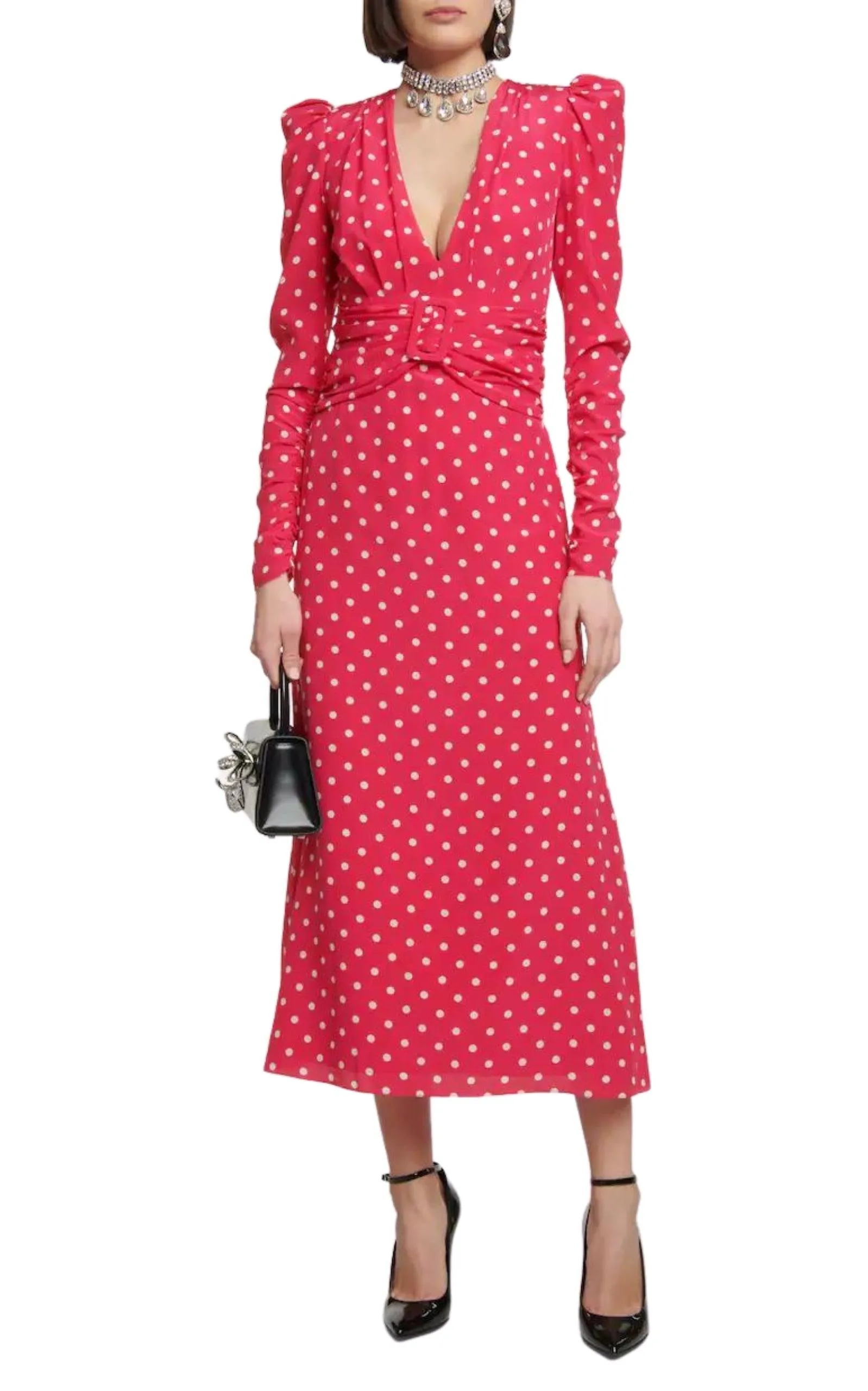 Midi Polka Dot Print Silk Dress