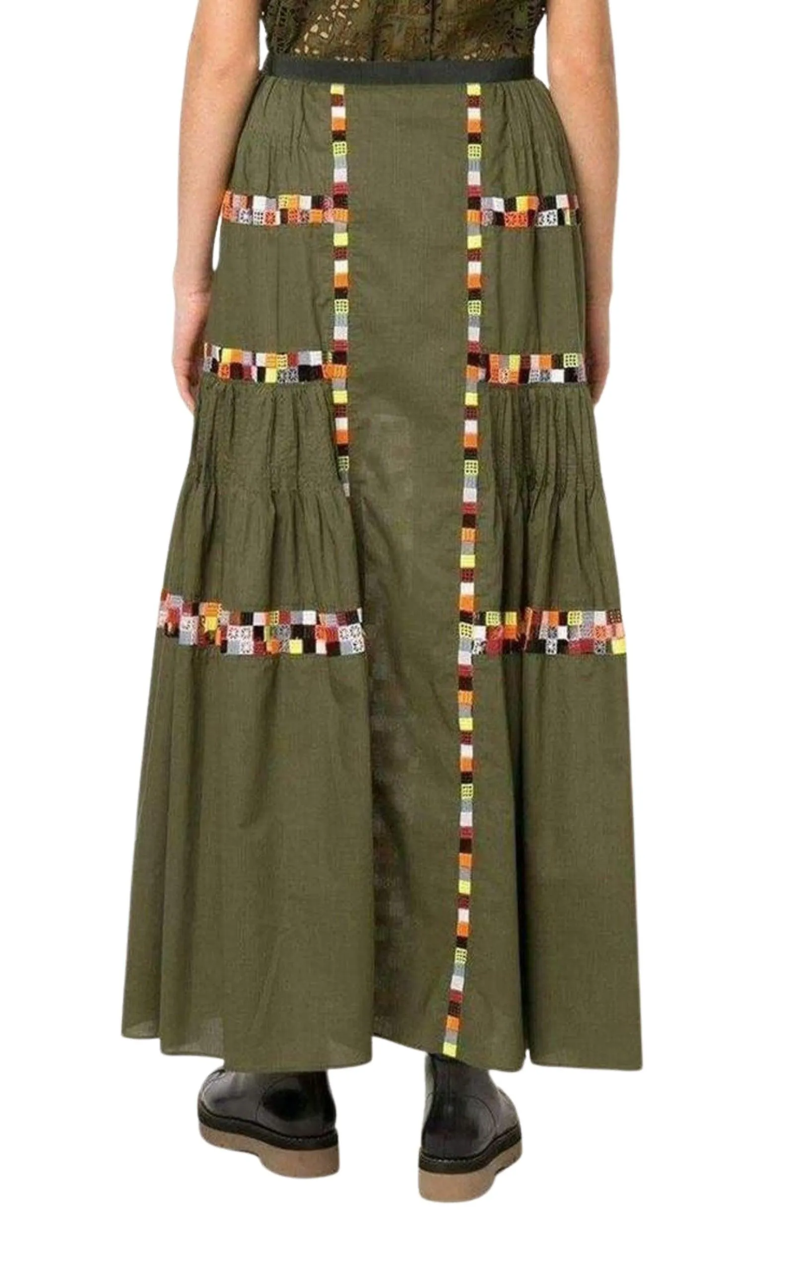 Military Green Embroidered Long Skirt