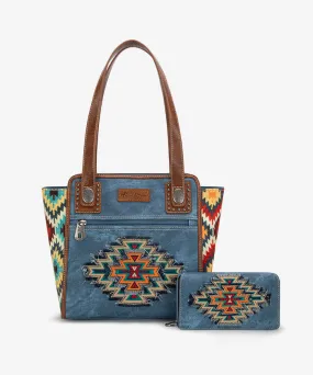 Montana West Embroidered Aztec Denim Tote Set