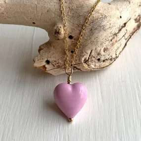 Necklace with pink pastel Murano glass small heart pendant on gold cable chain