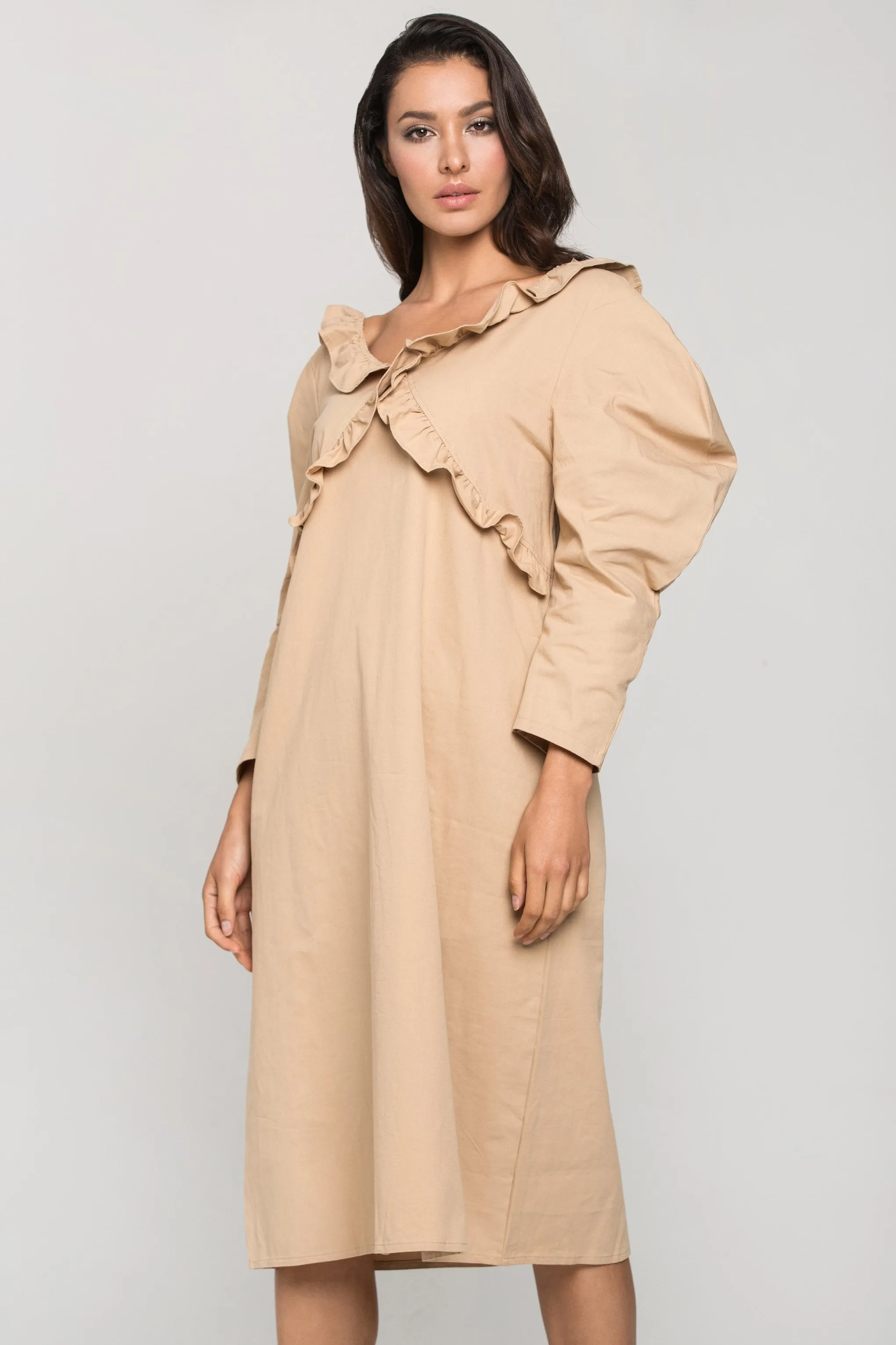 Nude Puff Sleeves Vintage Midi Dress