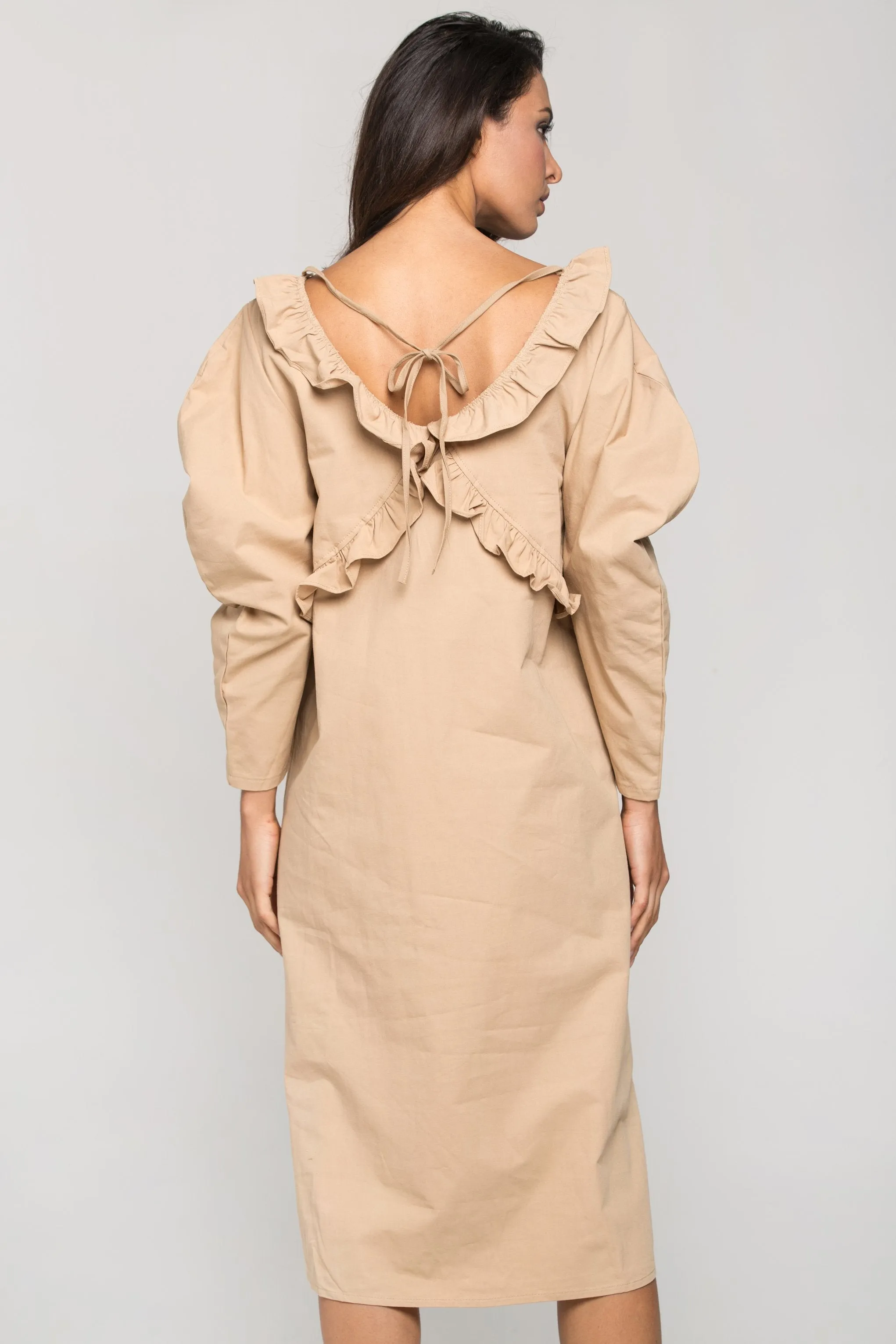 Nude Puff Sleeves Vintage Midi Dress