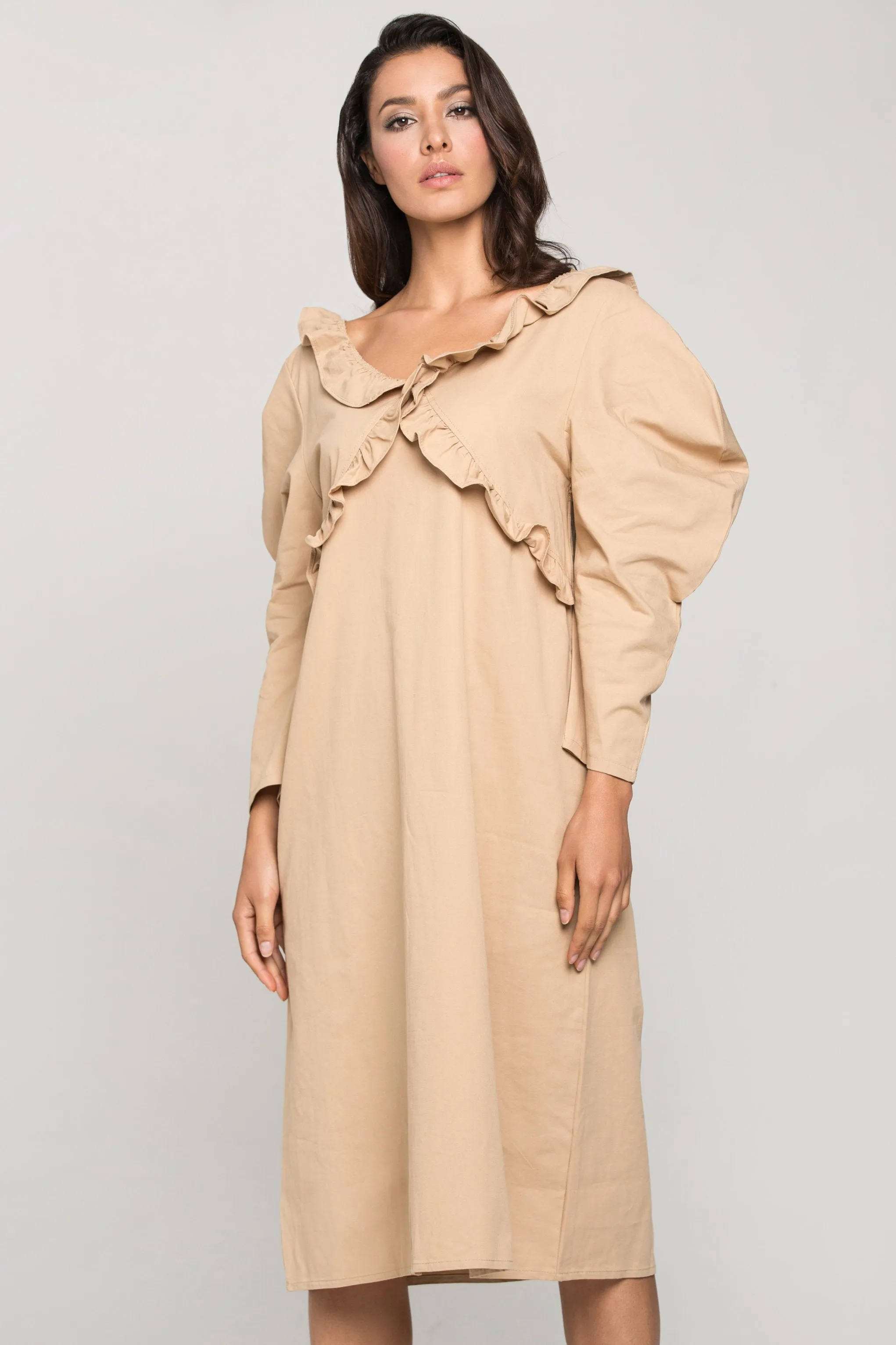 Nude Puff Sleeves Vintage Midi Dress