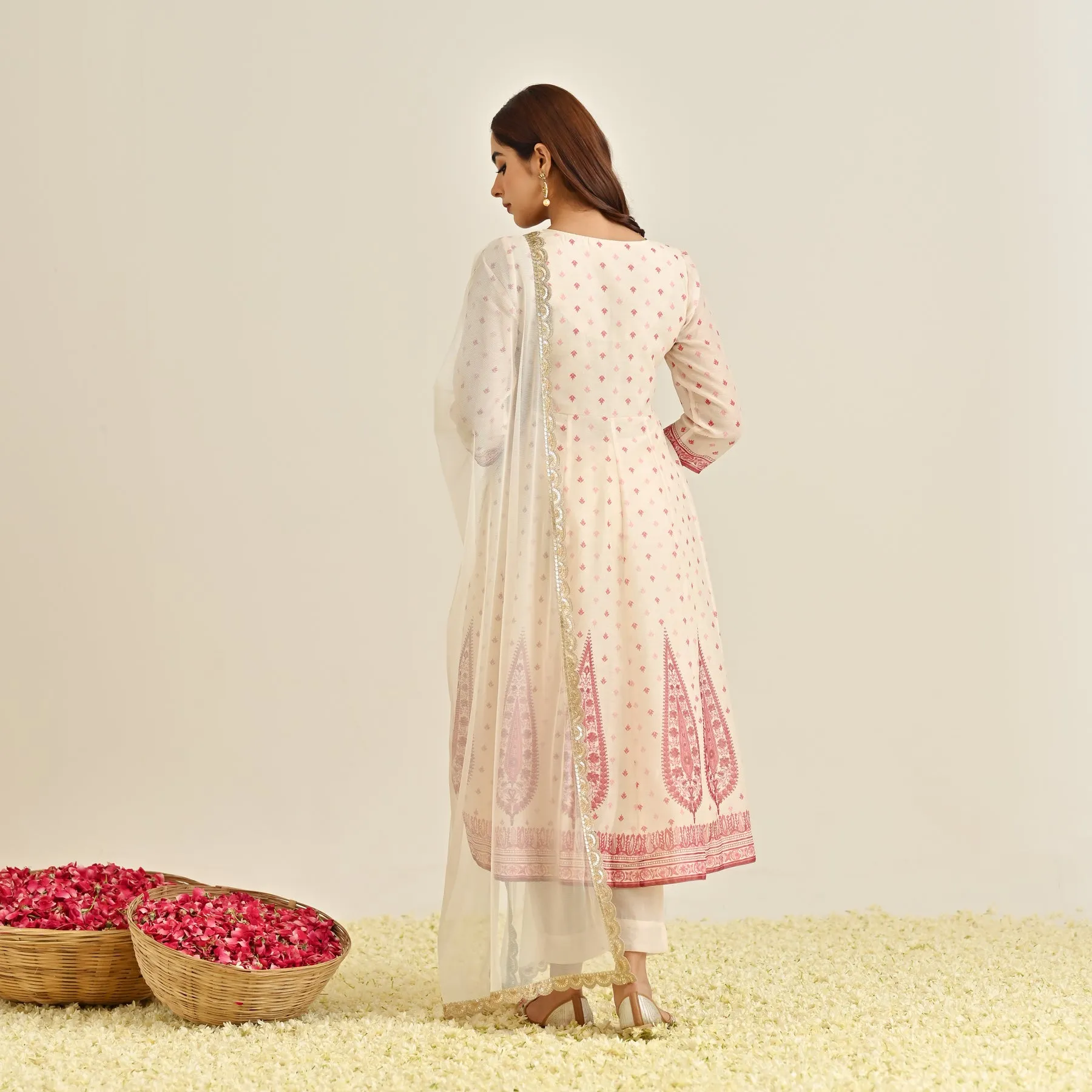 Off White Traditional Anarkali Set with Yoke Embroidery & Dupatta