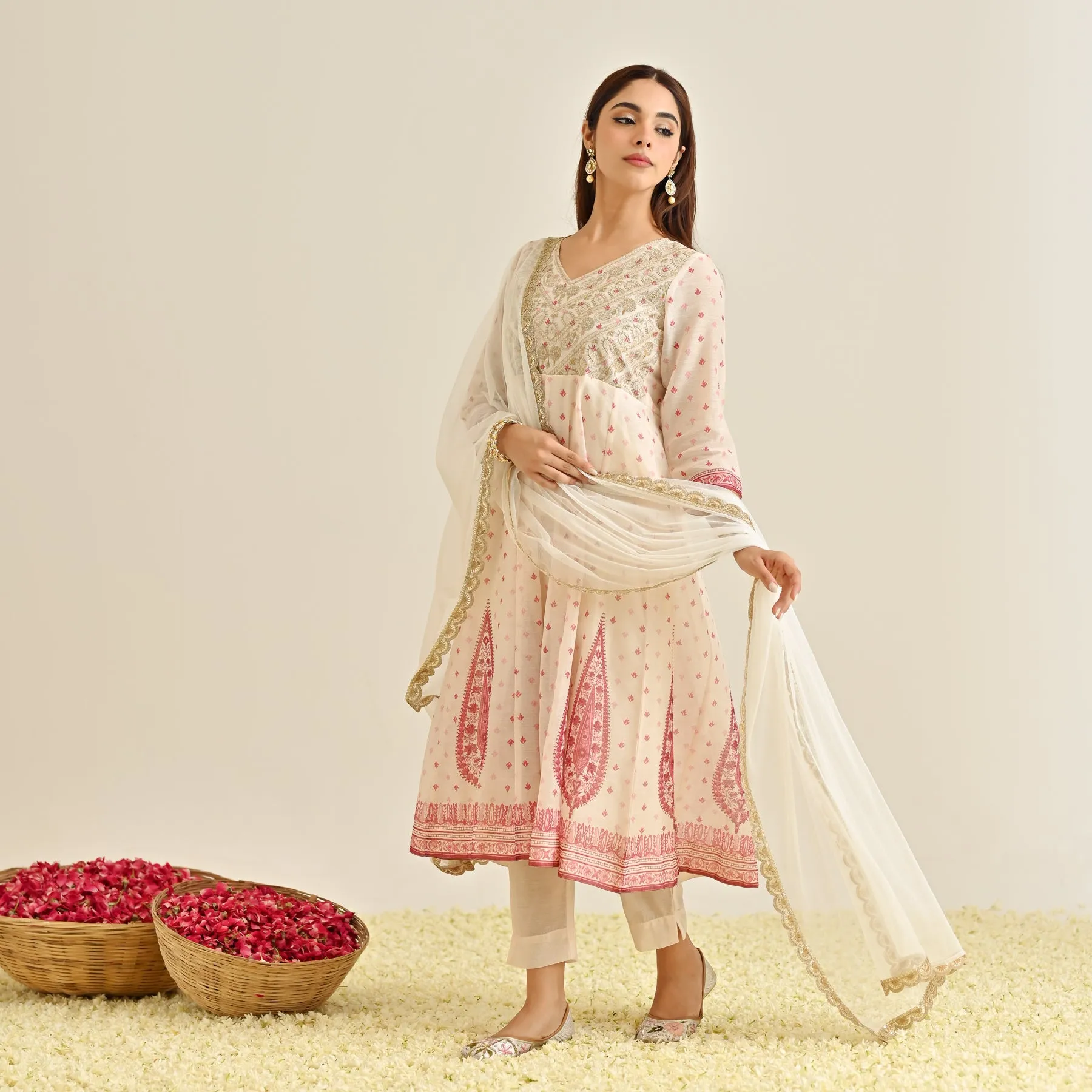 Off White Traditional Anarkali Set with Yoke Embroidery & Dupatta