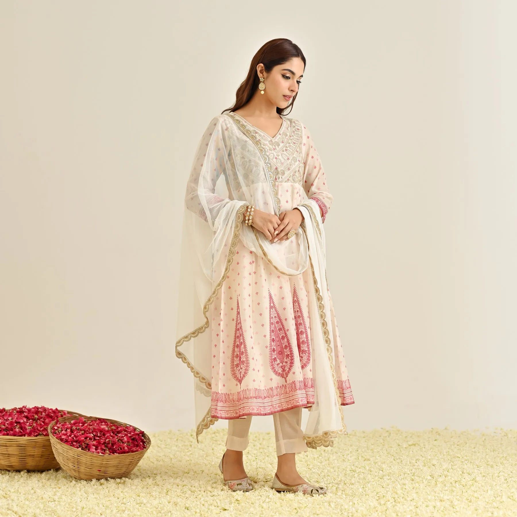 Off White Traditional Anarkali Set with Yoke Embroidery & Dupatta