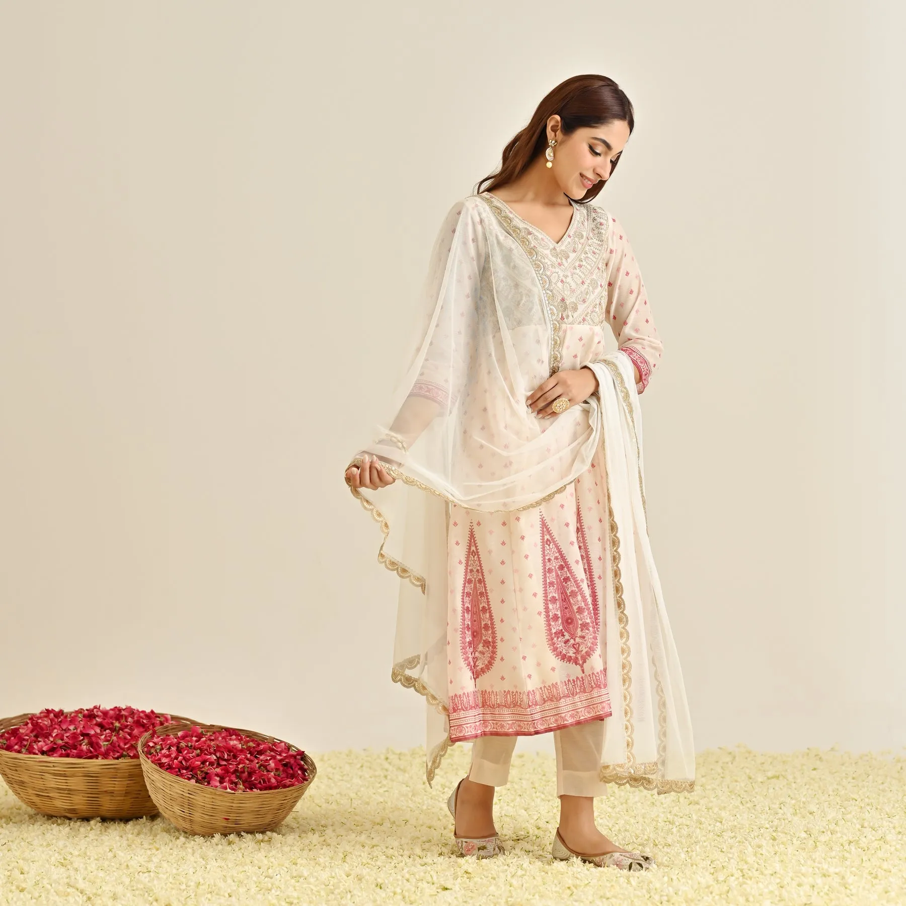 Off White Traditional Anarkali Set with Yoke Embroidery & Dupatta